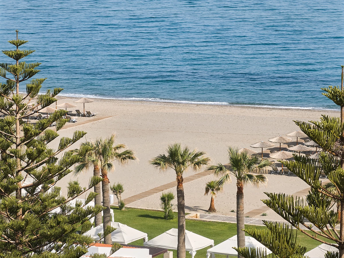 Vue aérienne de la plage de l'hôtel, hôtel Grecotel Creta Palace, Crète, Grèce