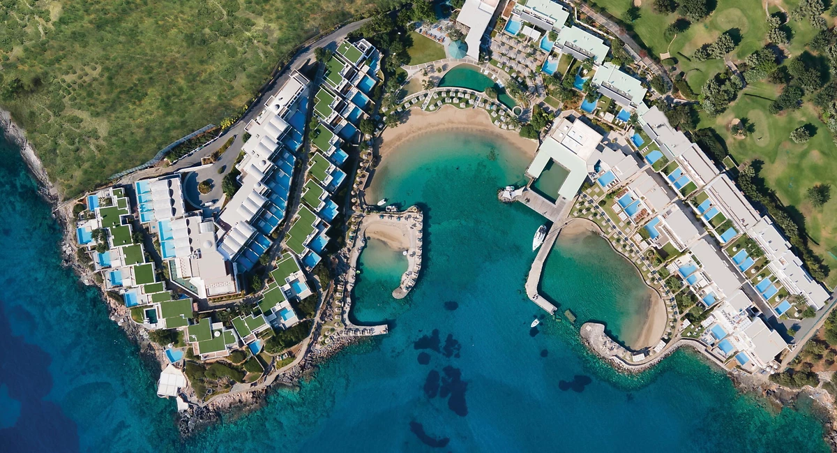 Vue aérienne de l'hôtel, Elounda Peninsula Luxury Resort, Crète, Grèce