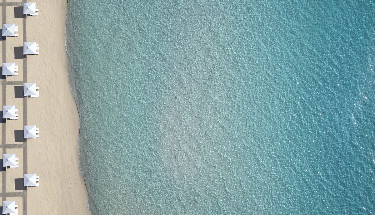Vue aérienne de la plage de l'hôtel, Porto Sani